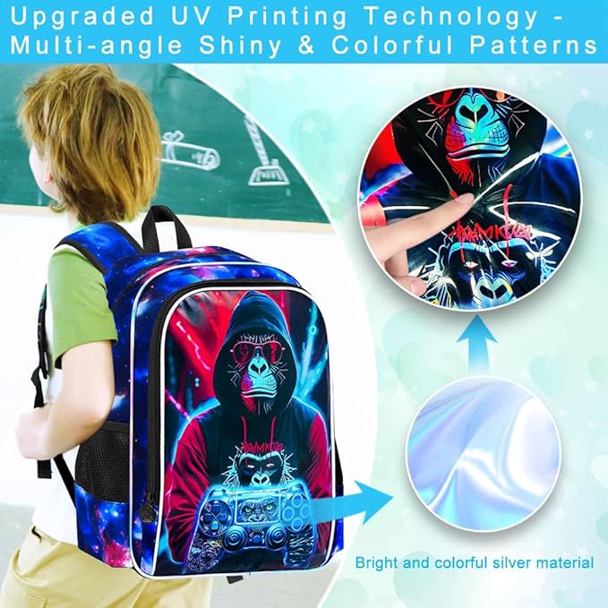 gxtvo 3PCS Game Backpack for Kids, 17" Boys Gorilla Bookbag with Lunch Box, Water Resistant Middle Elementary School Bag - Gaming Gorilla