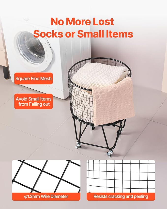 VEVOR Laundry Basket with Wheels, Metal Storage Cart Deep Set Rolling Mesh Laundry Hamper, 60 LBS Large Load Capacity, 17" x 17" x 24", Black