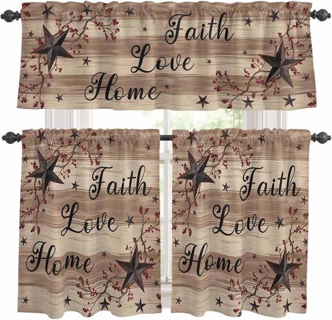 Kitchen Curtains Tiers and Valance Set of 3, Farmhouse Star Brown Light