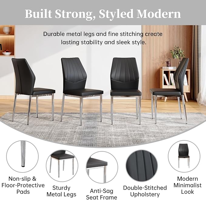 63" Modern Black Dining Table Set for 6 with Chairs, 7 Piece Rectangular Dining Room Table and 6 PU Leather Chairs, Kitchen Dining Set with Matte Wood Finish, Geometric Base, Easy Assembly