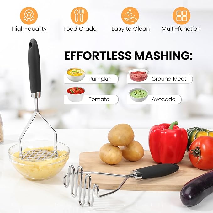 2Pcs Potato Masher Set with Silicone Handle, Premium Stainless Steel Potato Masher, Integrated & Wire Masher for Potatoes, Avocado, Vegetables and Baby Food