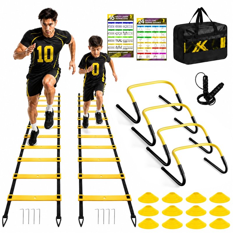 BORNEW 2 Pack Agility Ladder, Soccer Speed Training Equipment Set with Total 26 ft Agility Ladder, 12 Cones, 4 Adjustable Hurdles, Jump Rope, for Soccer, Basketball, Football, Kids, Youth, Adults
