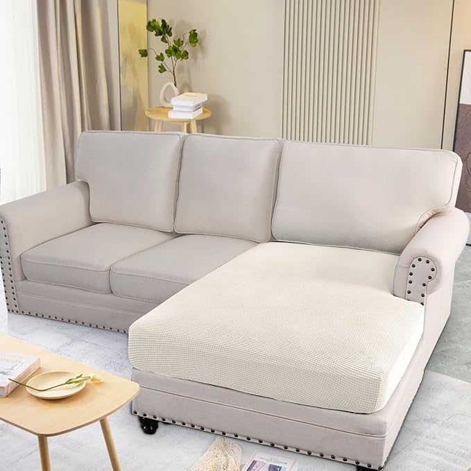 H.VERSAILTEX Super Stretch Individual Chaise Cover Sectional Couch Covers for L Shaped Sofa Both Left/Right Featuring Thick Jacquard Textured Twill Fabric (1 Piece Chaise Cover Large, Cream)