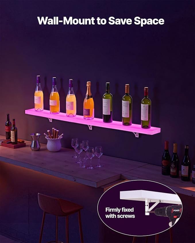 VEVOR LED Lighted Liquor Bottle Display, 1 Tier 48 Inches Whiskey Rack, Supports USB, Illuminated Home Bar Shelf with RF Remote & App Control, 7 Static Colors, Acrylic Lighted Shelf for 12 Bottles