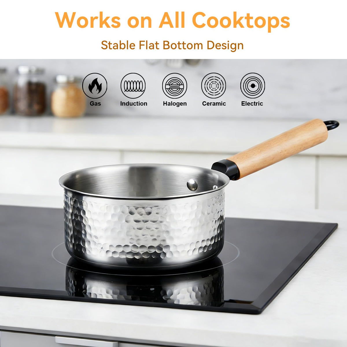 WANGYUANJI 1.8 Quart Stainless Steel Saucepan with Lid, Tri-Ply Steel Small Sauce Pan, Coating-Free Interior, Hammered Finish, Induction Compatible Soup Pot with Tempered Glass Lid & Wood Handle