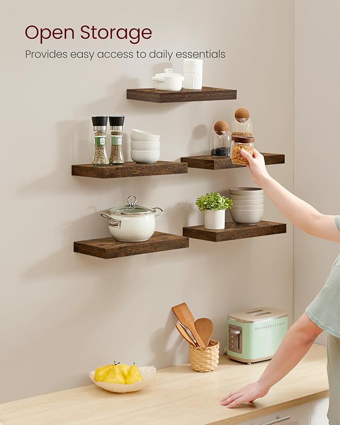 VASAGLE Wall Shelves Set of 5, Floating Shelves, Wall Mounted, 8 x 15.7 x 1.5 Inches, Display Shelves for Picture Frames, Wall Decor, Hanging Shelf for Living Room, Kitchen, Rustic Brown ULWS071B02