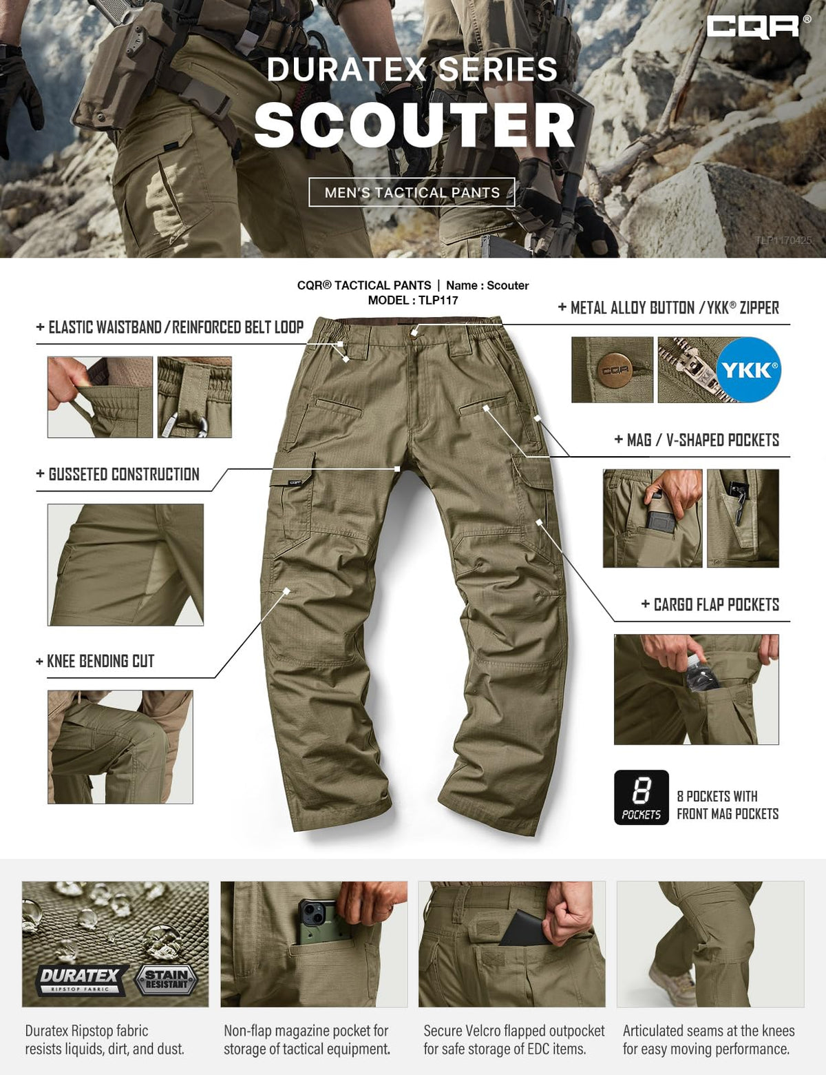 CQR Men's Tactical Pants, Water Resistant Ripstop Cargo Pants, Lightweight EDC Work Hiking Pants, Outdoor Apparel, Raider Soil Green, 44W x 30L