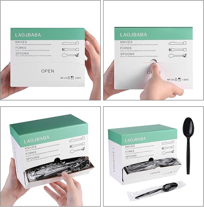 Laojbaba Plastic Spoons Disposable Individually Packaged Spoons Black 7-Inch Commercial Take Away,Super Hard Mass Heavy Individually Wrapped 100 PCS