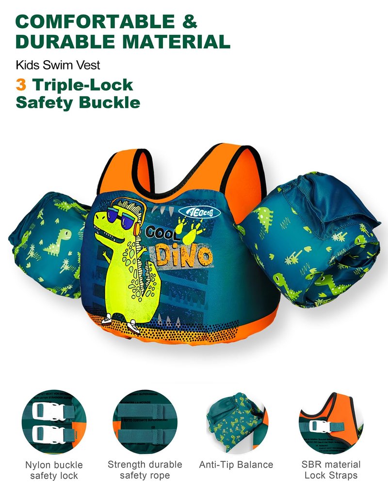 AEOCOO Puddle Float Jumper 20-30 Pounds, Toddler Swim Vest for 1-2-3 Years Old, Pool Floats with Swimming Arm Floaties Swim Jacket with Water Wings for Kids Swimmies, Boys, Girls, Niños, Cool-Dino