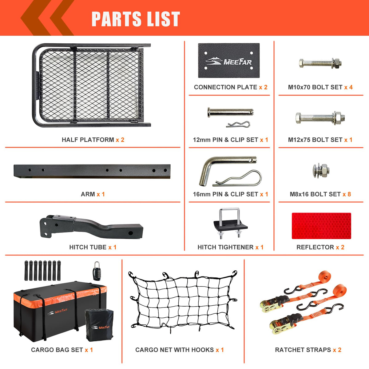 Hitch Mount Cargo Carrier Basket 60"*20"*6"+Waterproof Bag 16 Cubic Feet(58"*19"*24"),and Cargo Net with Attachment Hooks,Ratchet Straps,Hitch Stabilizer.500 Lbs Capacity,Foldable,fit 2" Receiver