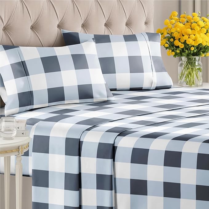 Blue Gingham Bed Sheet Set – 1 Flat & 1 Fitted Sheet & 2 Pillowcases w/ Deep Pockets – Grid, Plaid, Checkered Pattern Bedding - Wrinkle & Fade Resistant - Ultra-Soft, Breathable & Cooling - King Size