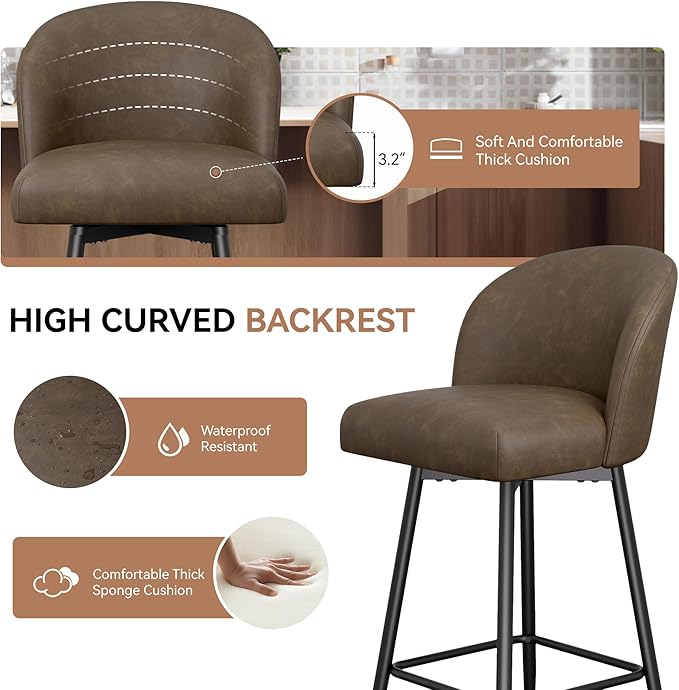 Counter Height Bar Stools Set of 4,360° Swivel Barstools with High Back and Metal Legs,26" Seat Height, Upholstered PU Leather Bar Chairs for Kitchen Island, Dining Room,Cafes,Dark Brown