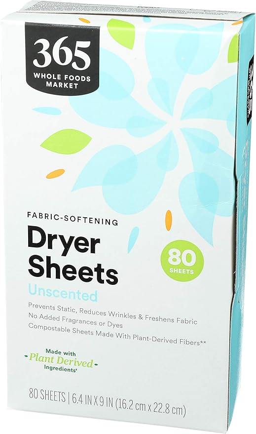 365 by Whole Foods Market Dryer Sheets Fabric Softener, Unscented | 80 Count | Pack of 2