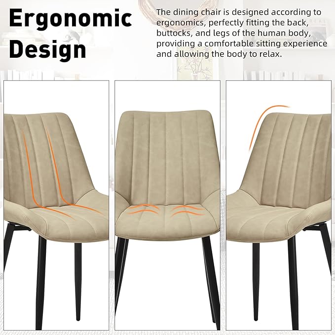 Dining Chairs Set of 6, Faux Leather Modern Linear Design Dining Chair with Metal Legs, 16.9" Seat Width Chair for Kitchen, Lounge, Reception Room, Restaurant, Commercial (Beige)