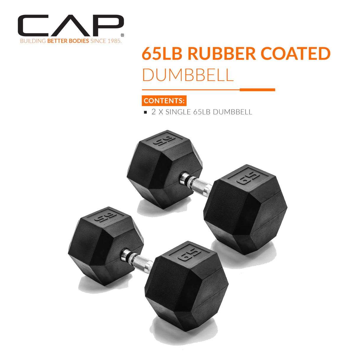 CAP 65 LB Rubber Coated Hex Dumbbell Weight, Rubber Free Weights for Home Gym Strength Training, Chrome Handle, Pair