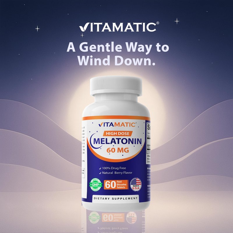Vitamatic Melatonin 60 mg Fast Dissolve Tablets - 60 Vegan Natural Berry Flavor Tablets - Non-Habit Forming - Non-GMO, Gluten Free (1 Bottle)