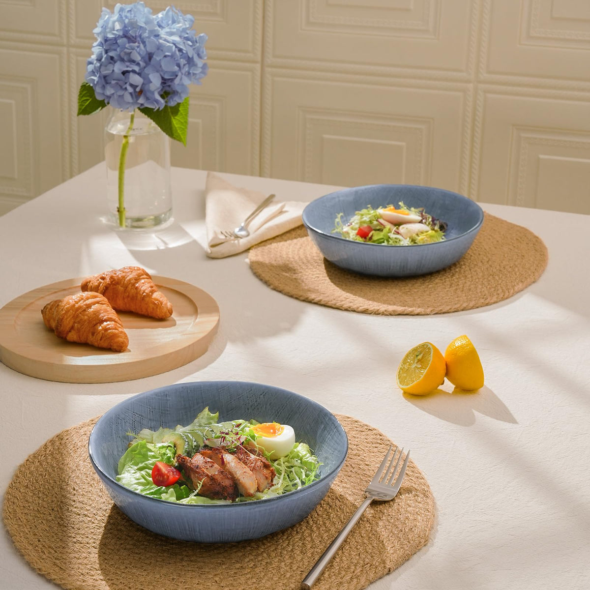 famiware Moonlight 8.5 Inch Pasta Bowls Set of 4, 32oz Serving Bowls for Kitchen, Soup Bowl with Linen Finish, Large Stoneware Bowls for Festivals, Housewarming, Dinnerware, Summer Sand