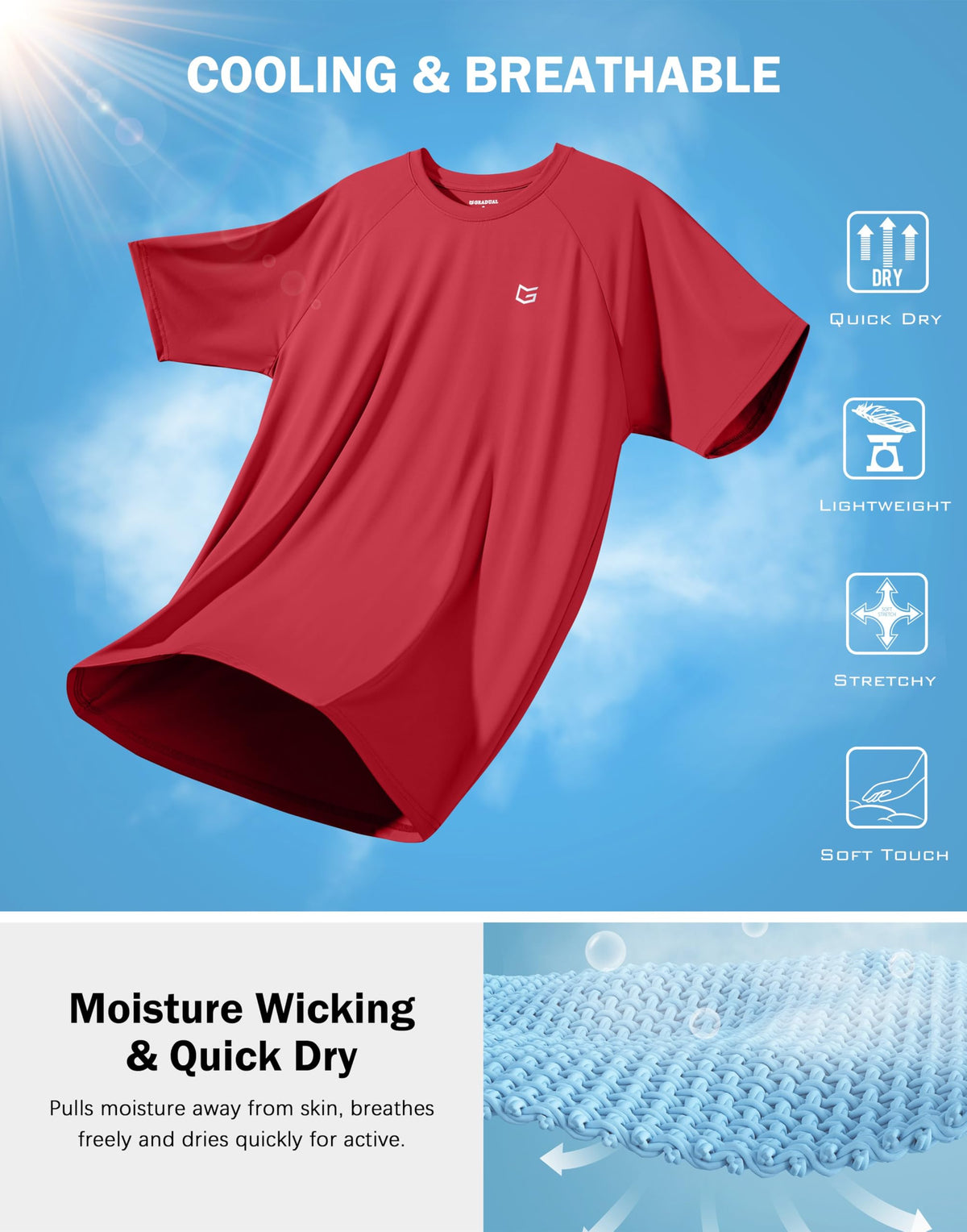 Men's Athletic Workout T-Shirts Moisture Wicking Cooling Running Shirts Short Sleeve Performance Tee for Gym Tennis(Red,S)