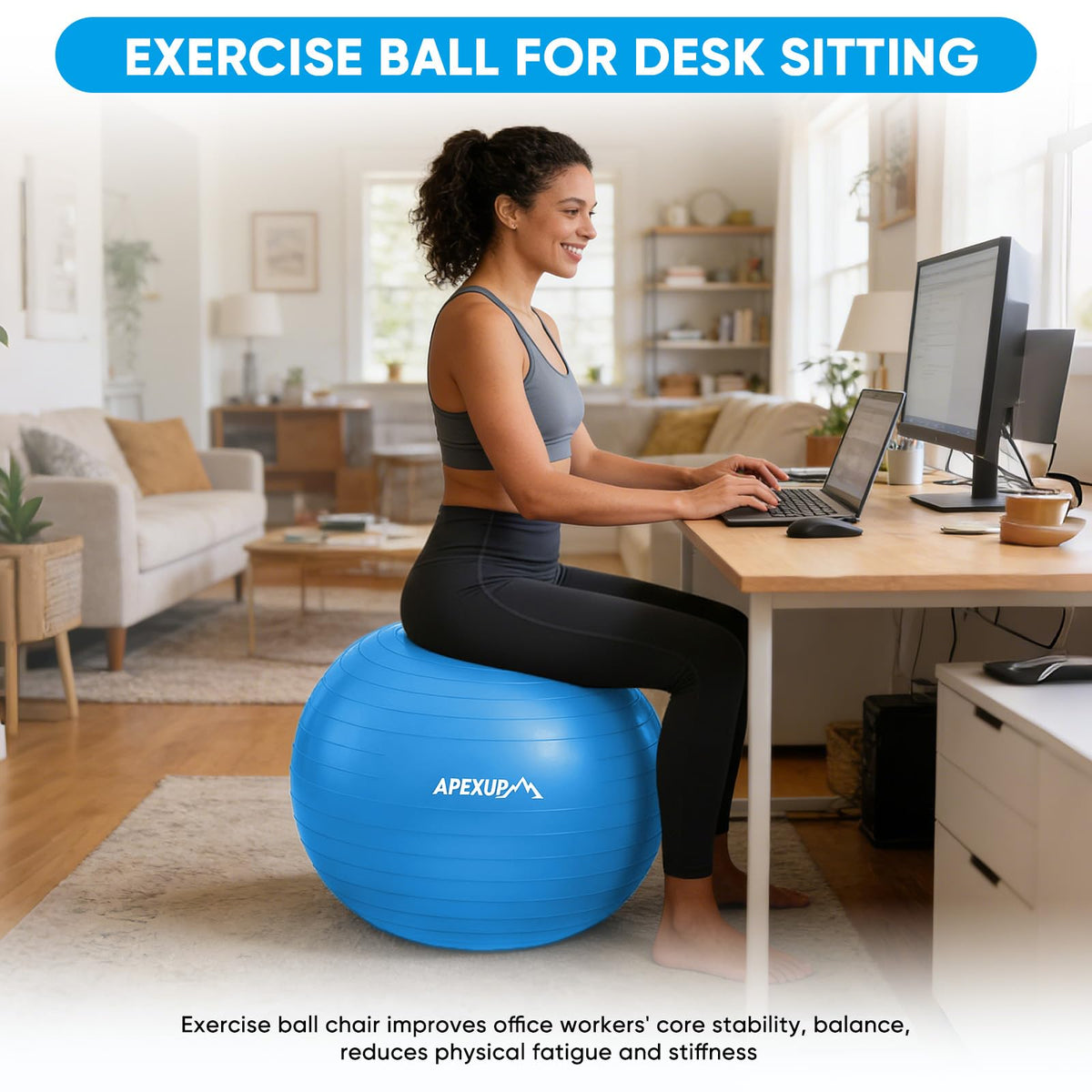 APEXUP Yoga Ball, 660 lbs Anti-Burst Exercise Ball with Pump, 5 Sizes (XXL(31"~34") 85cm, Blue)