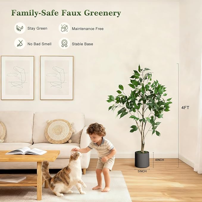 4FT Ficus Trees Artificial Indoor, Faux Silk Plant with Natural Wood Trunk and Lifelike Fruits, Black Imitation Ceramic Planter with Green Fake Moss for Modern Home Office Living Room Decor