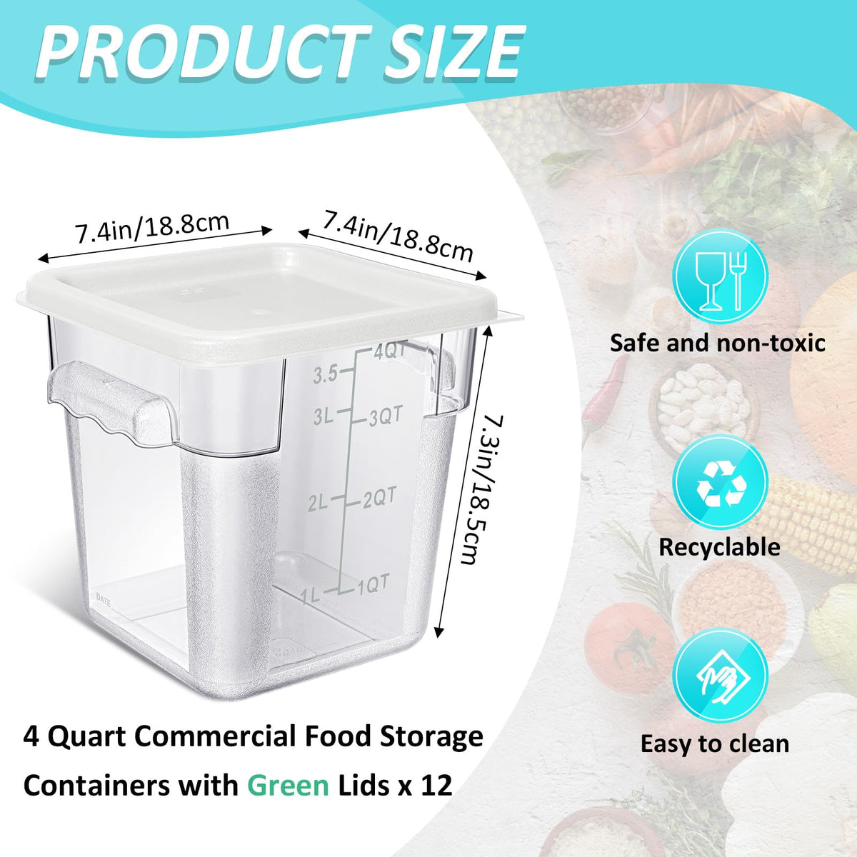 Yungyan 12 Pcs 4 Qt Commercial Food Storage Containers with Lids Restaurant Square Airtight Food Storage Containers Clear Cereal Containers for Kitchen Freezer Dishwasher Pantry(Blue Lid)