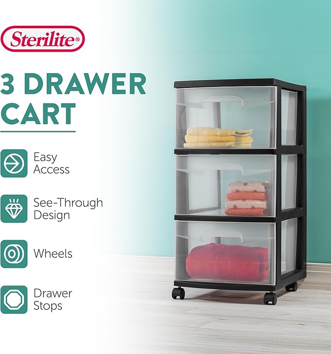 Sterilite 2 Pack Plastic Storage Organizer, 3 Drawer Rolling Bin Cart, Closet Organization, Black