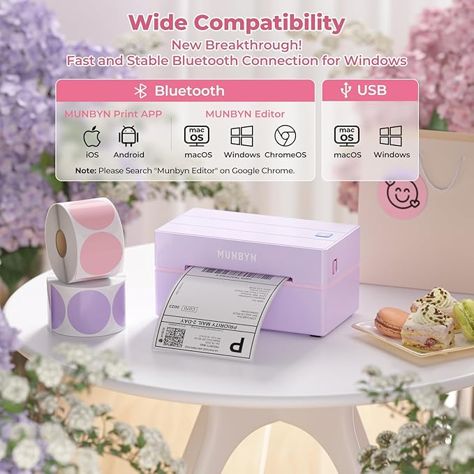 MUNBYN 130B Bluetooth Thermal Label Printer+Thermal Direct Shipping Label (Pack of 500 4x6 Fan-Fold Labels)