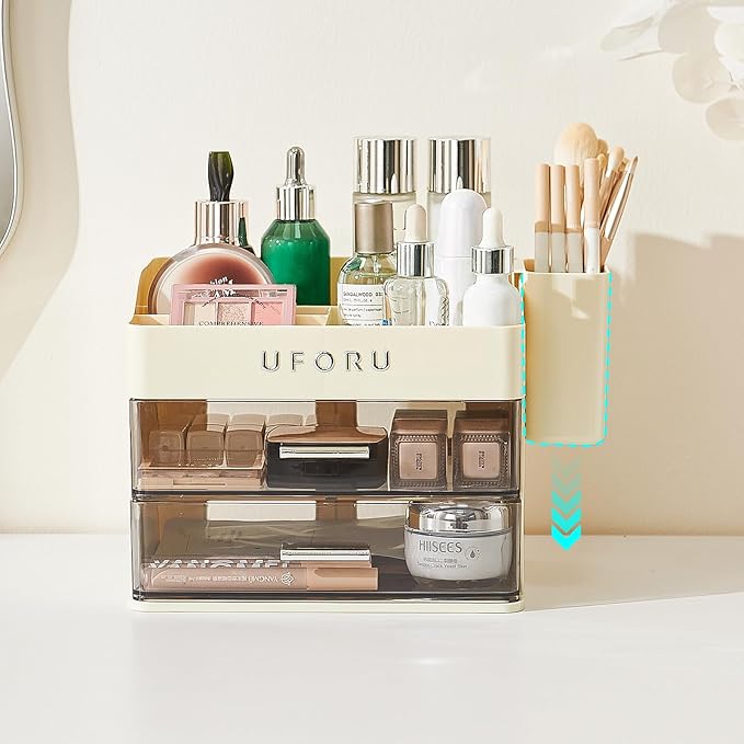 Makeup Organizer for Vanity with Brush Holder, Countertop Organizer with 2 Drawers, Spacious Cosmetic Display Case for Beauty Essential, Skincare, Lipstick