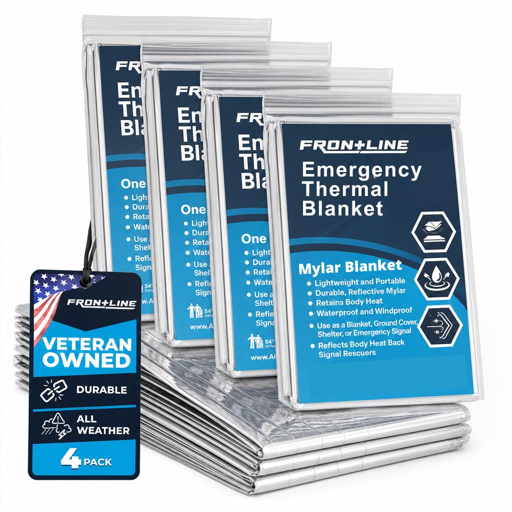 FRONTLINE Mylar Emergency Blankets 54" x 84" | Lightweight Thermal Survival Space Blanket, Waterproof & Windproof Foil Blanket for Camping, Hiking, First Aid & Disaster Preparedness (4)