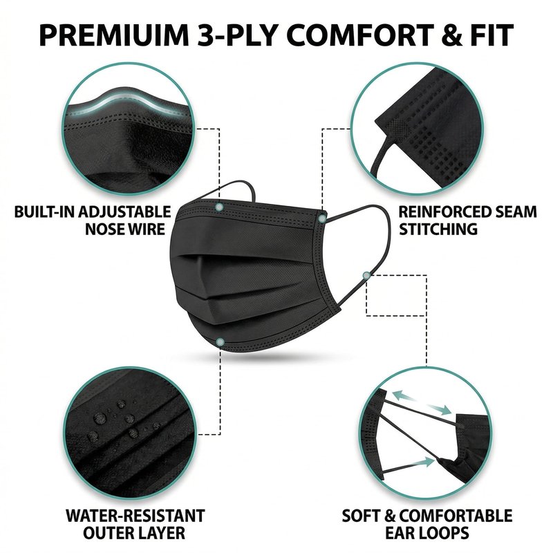 FINESTIC Disposable Face Mask for Adults, Breathable 3-Ply Premium Quality with Adjustable Nose Wire