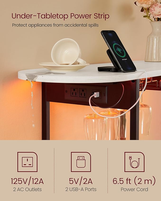 VASAGLE Bar Cabinet with LED Lights and Power Outlets, Freestanding Coffee Bar Wine Cabinet, Wine Rack, Glass Holder, Mini Bar for Liquor and Glasses, Kitchen, Dining Room, Rustic White ULWR007W01S
