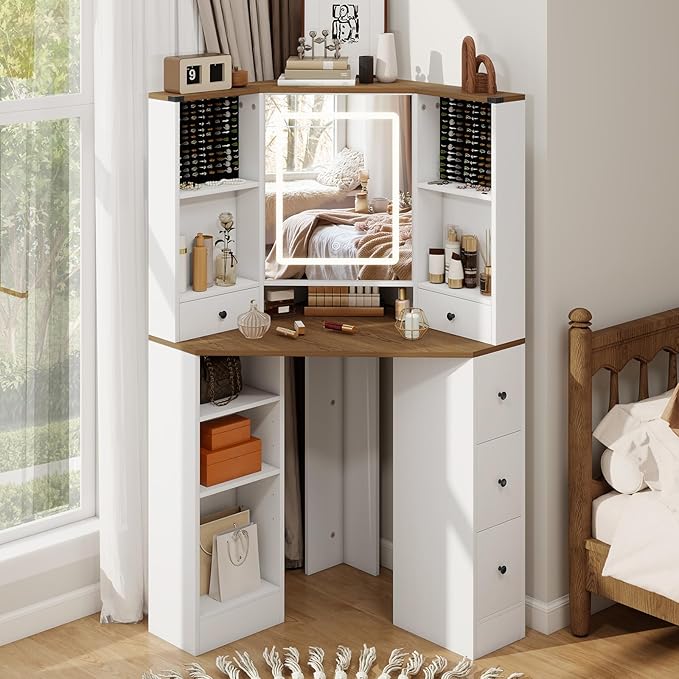 ARTETHYS Corner Vanity Desk with Mirror and Lights Makeup Table with Storage Large Farmhouse Vanity Sets with Drawers for Women, White