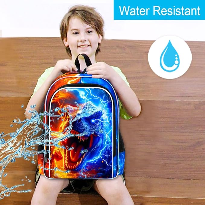 gxtvo 3PCS Dinosaur Bookbag for Boys, 17" Kids Backpack with Lunch Box, Water Resistant Middle Elementary School Bag - Fire & Lightning T. rex