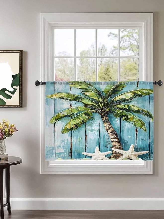 Sheer Curtains 54 Inch Length, Coastal Beach Starfish Semi Sheer Curtains Light