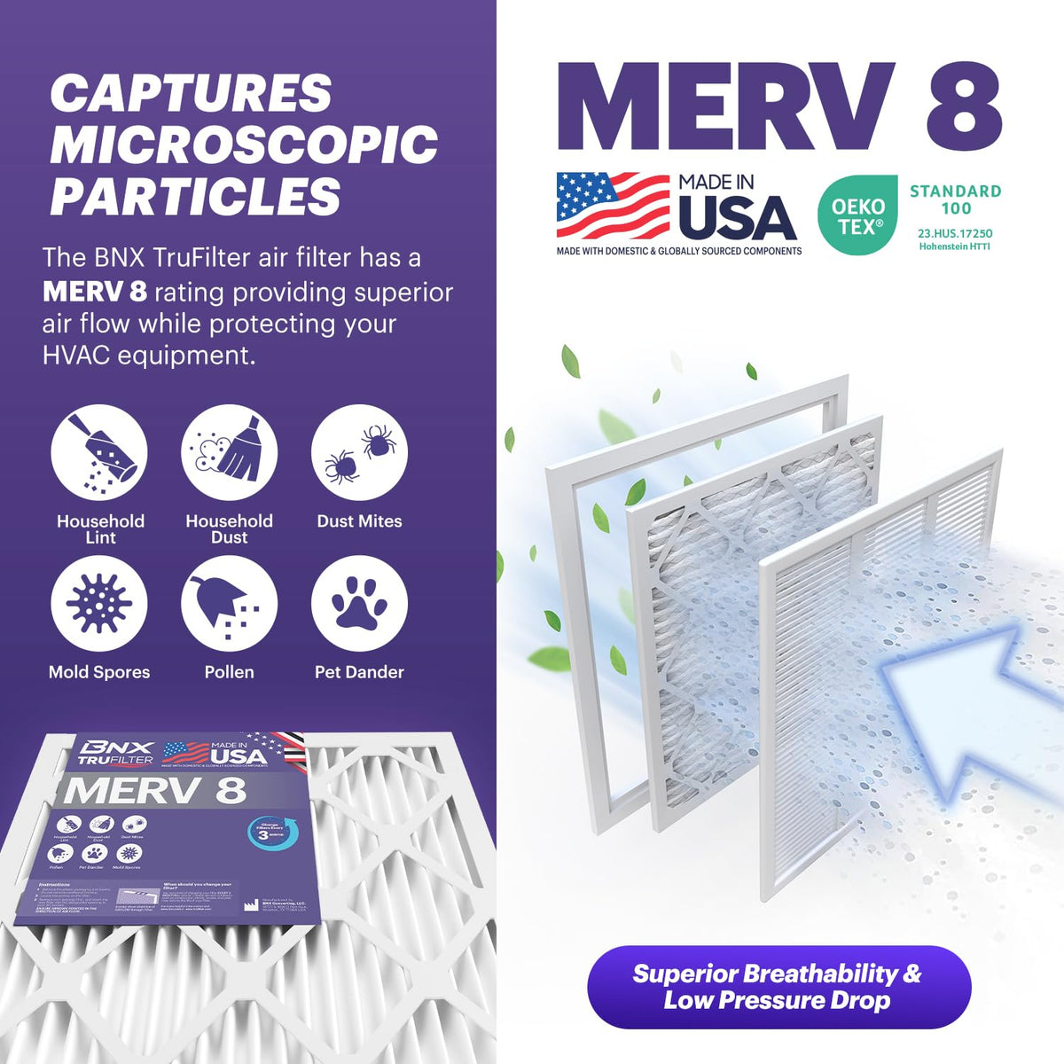BNX TruFilter 14x18x1 Air Filter MERV 8 (6-Pack) - MADE IN USA – Dust & Pet Defense Electrostatic Pleated Air Conditioner HVAC AC Furnace Filters for Dust, Pet, Mold, Pollen MPR 600 – 700 & FPR 5