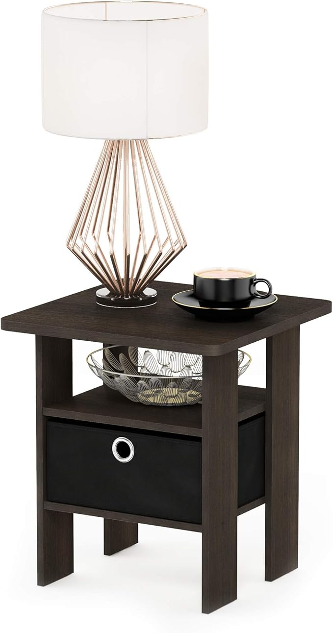 Furinno Andrey Set of 2 End Table / Side Table / Night Stand / Bedside Table with Bin Drawer, Dark Brown/Black