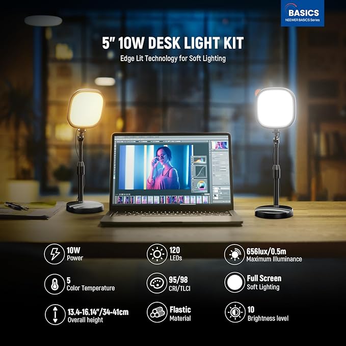 NEEWER Basics 2 Pack 5" Full Screen LED Ring Light with Stands for Desk Video Conference, 10W Bi Color Edge Lit Computer Laptop Webcam Zoom Calls Lighting Streaming Phone Recording, CRI95, NL10
