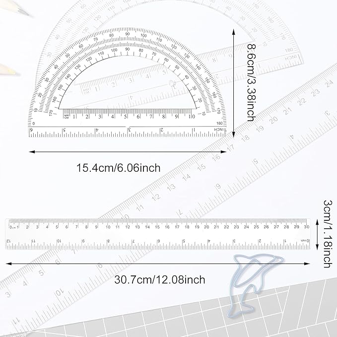 Protractor and Ruler Set, 2 Packs Ruler 12 Inch Math Geometry Set Clear Ruler for School Protractor Set Angle Finder School Supplies Set Protractor for School Home Supplies Office Drawing