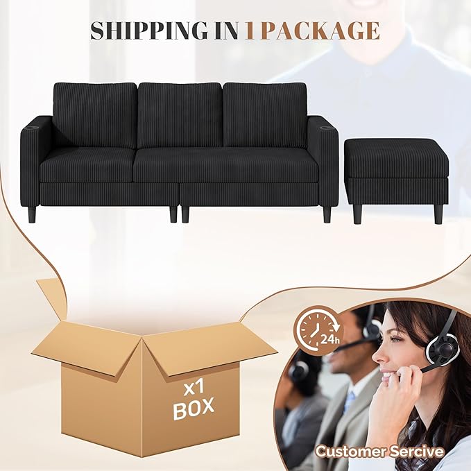 Upholstered Sectional Sofa and Couches, 78'' L Shaped 3-seat Sofa for Living Room, Apartment, Lounge,Bedroom-Washable Covers Convertible Sofas(Corduroy,Black)