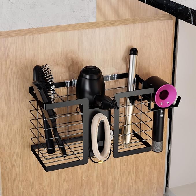 FUNKYLEE Hair Tool Organizer - Hair Dryer Holder, 3 in 1 Metal Bathroom Organizer Wall Mount for Flat Iron, Curling Iron, Straightener, Styling Tools Bathroom Storage and Organizer (Black)
