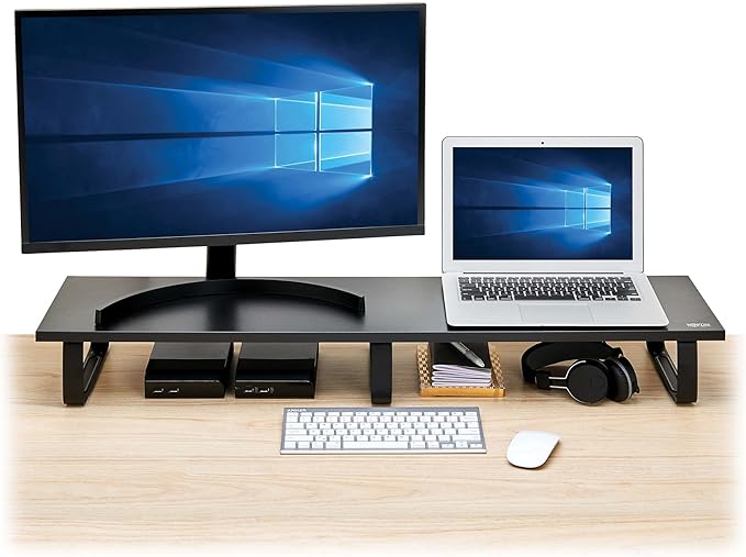 TRIPP LITE Dual-Monitor Riser Stand for Desk, Black Wood & Steel Desktop Organizer for 2 Screens - Computer, Laptop, PC, Printer, & TV Shelf Stand - 39 x 10 inch Platform, 5-Year Warranty (MR4010)