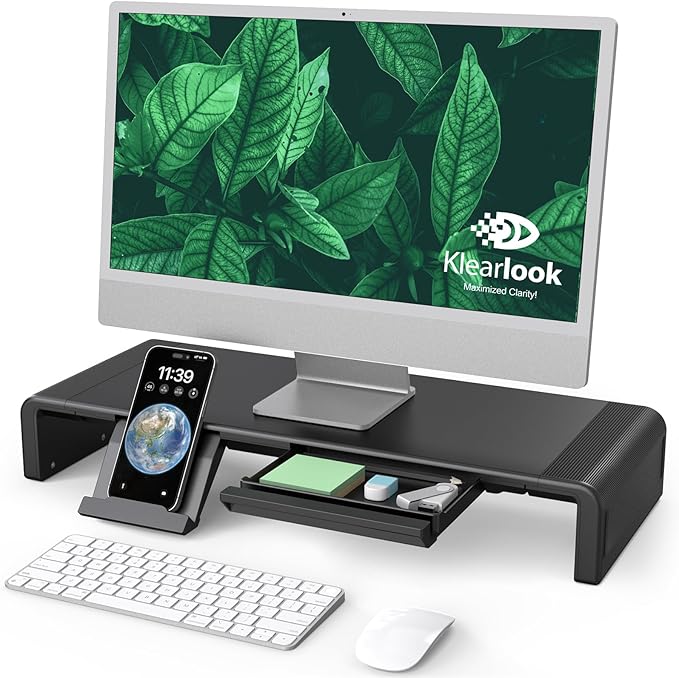 Monitor Stand Riser, Klearlook Foldable Computer Monitor Riser,Height Adjustable Computer Stand, Desk Shelf Riser with Storage Drawer & Tablet Phone Stand for Computer, Desktop, Laptop (Black)
