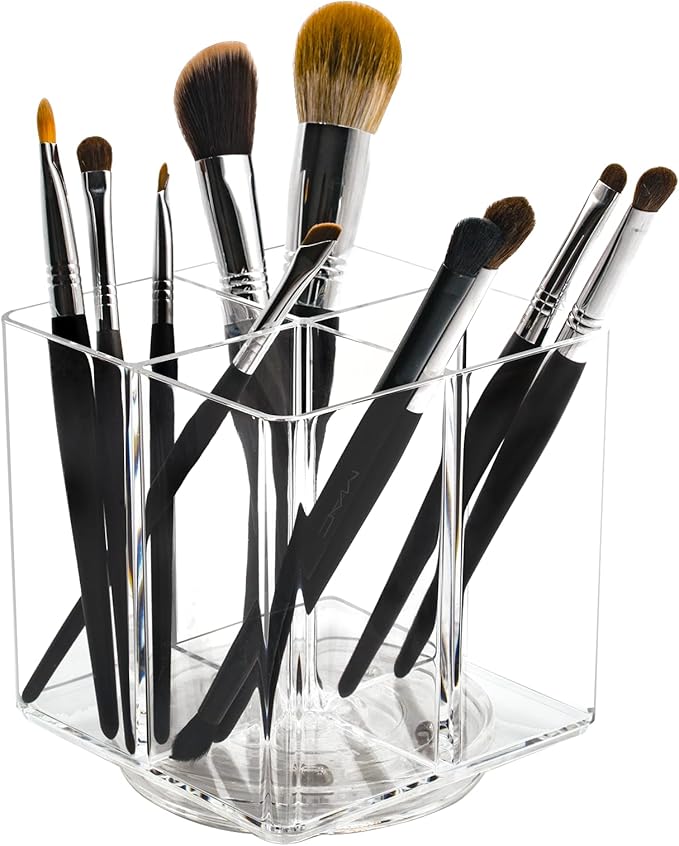 Clear Makeup Brush Holder,Acrylic Rotating 360°Makeup Brush Organizer,Pen holder with 4 Grids,Makeup Holder for Courtup,Containers for Desk