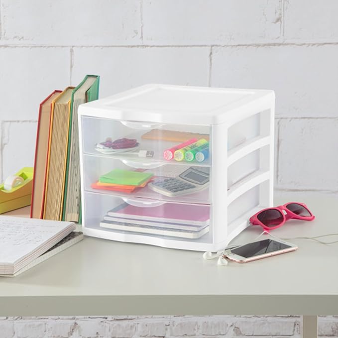 Sterilite ClearView Compact Stacking 3 Drawer Storage Organizer System for Crafting Supplies, Home Office, or Dorm Room, (16 Pack)