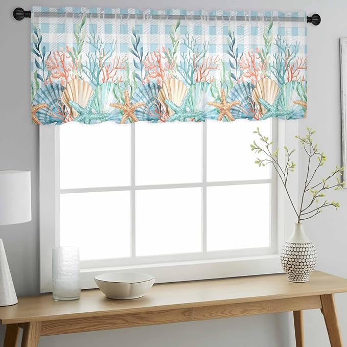 Summer Beach Sheer Valance Curtains, Ocean Colorful Coral Shell Seaweed