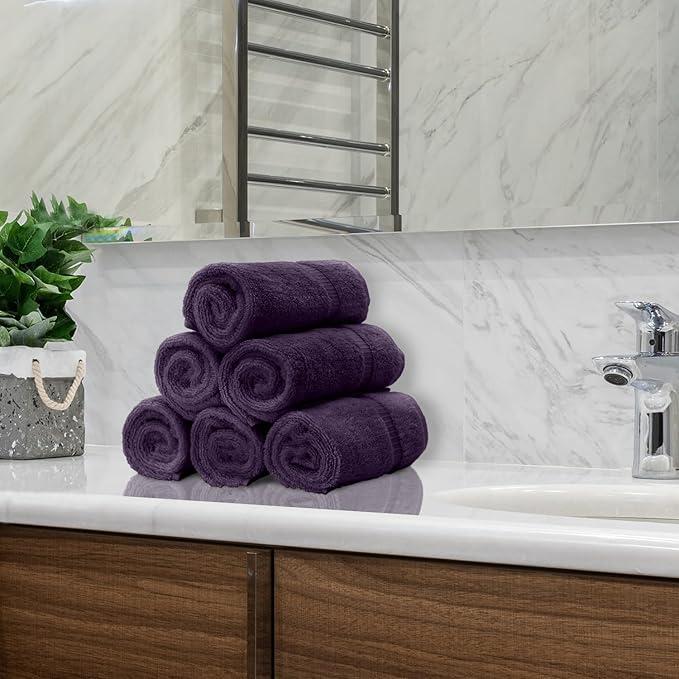 Luxury Hotel & Spa Collection, Quick Dry 100% Turkish Cotton 700 GSM, Eco Friendly Towel, for Bathroom, Gymand Kitchen Dobby Border Soft Hand Towel Set 16 X 30, Plum, Hand Towels - Set of 6