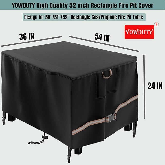 YOWDUTY Rectangular Propane Gas Fire Pit Table Cover 52x34x24, Waterproof Heavy Duty 600D Rectangle Outdoor Fireplace Cover 52 Inch, All-weather Protection For Patio Firepit Table 49-52 inch