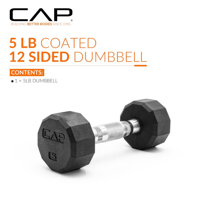 CAP 5 LB 12-Sided Rubber Coated Dumbbell Weight, Rubber Free Weights for Home Gym Strength Training, Chrome Handle, Single