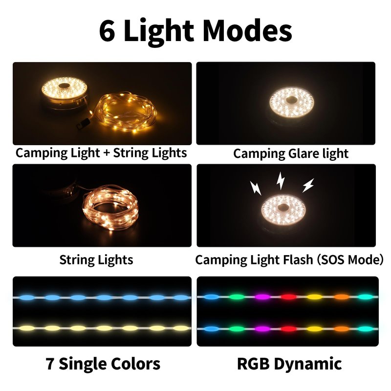 Phylosal Camping String Lights, Camping Essentials 2 in 1 Quick Storage 32.8FT Rechargeable Waterproof Tent Lights with with 6 Modes, Portable LED Hanging Light for Outdoor Patio Awning Garden Party