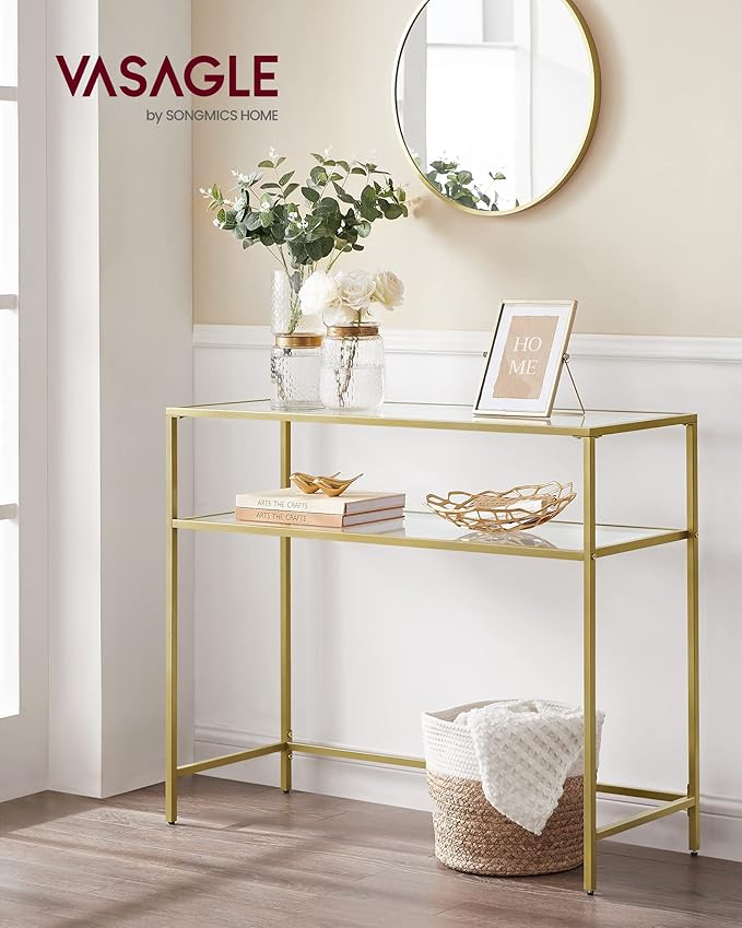 VASAGLE 39.4 Inch Console Sofa Table, Modern Entryway Table, Tempered Glass Table, Metal Frame, 2 Shelves, Adjustable Feet, for Living Room, Hallway, Gold Color ULGT025A01